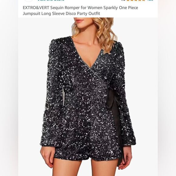 Extro&Vert Women Shorts Romper Sz Small Black Sparkly Silver Sequins Velvet Club - Picture 5 of 14